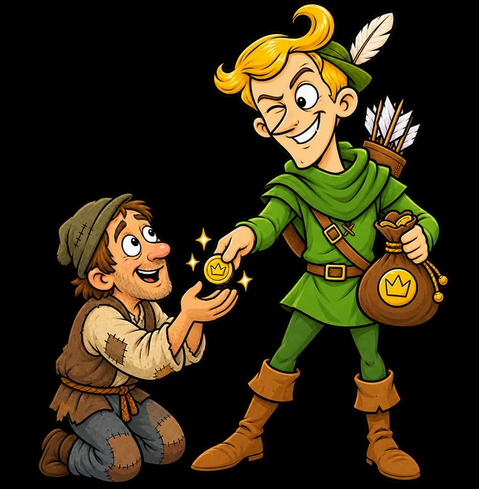 Robin Hood handing a gold coin to a kneeling man in patched clothes