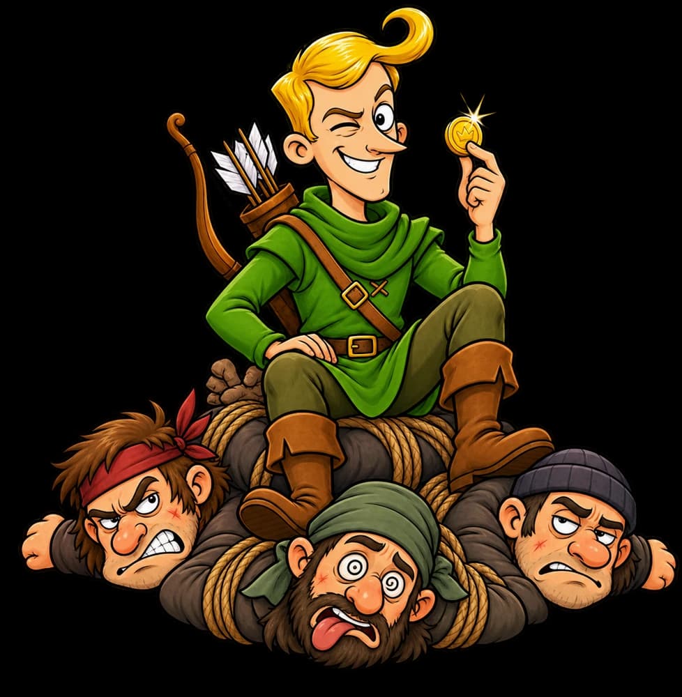 Robin Hood sitting on three tied-up rich men, holding a gold coin